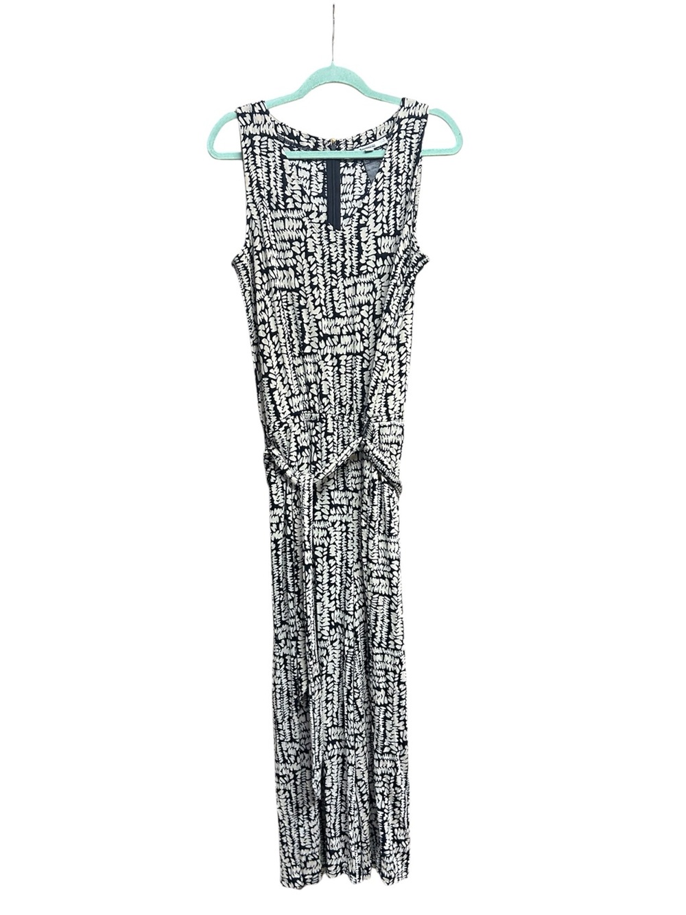 Chico’s Navy and White Patterned Jersey Knit Jumpsuit with Belt